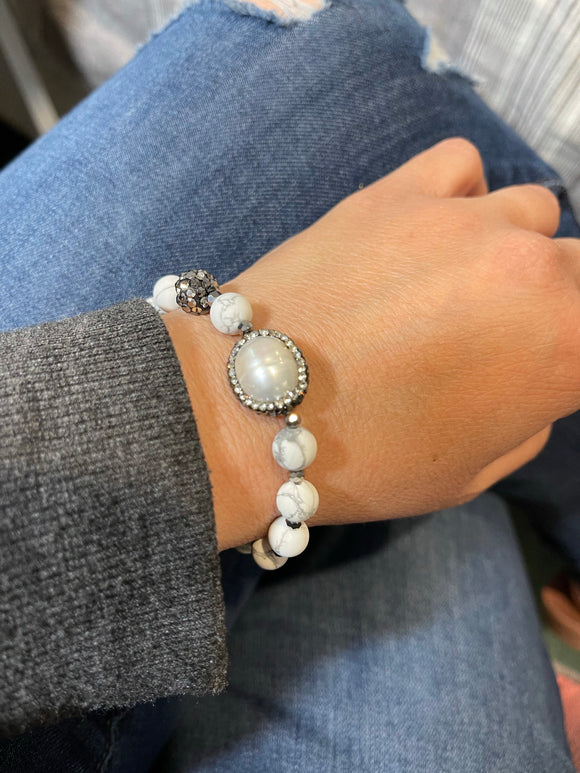 Pave Encrusted Freshwater Pearl and Howlite Bracelet